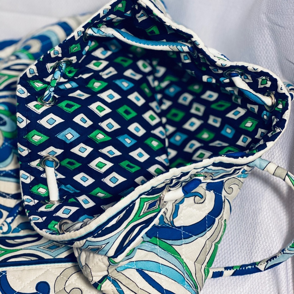 Vera Bradley Drawstring Backpack Blue White Green - Picture 5 of 16